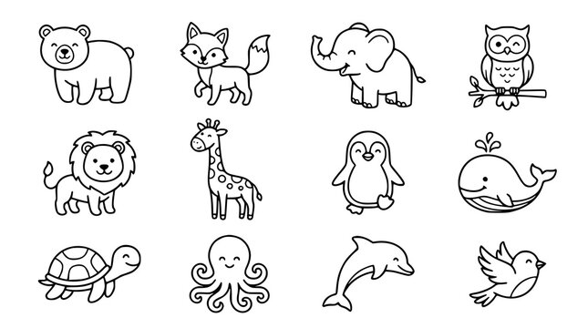 Cute animal outline illustration set with playful wildlife characters