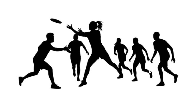 Black silhouette of people playing ultimate frisbee