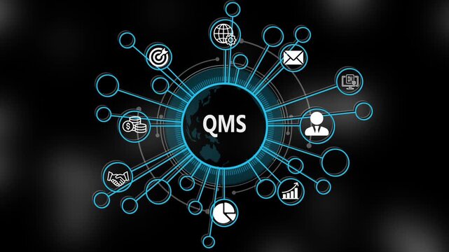 QMS concept 3d illustration. Business, technology, internet and networking concept. Strategic financial success vision displayed on a virtual screen. 4k video