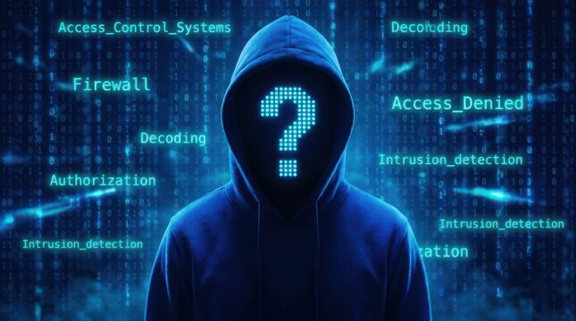 Anonymous hooded cyber hacker with glowing question mark symbol on face standing in front of digital binary code.