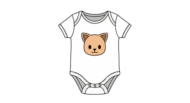 White short-sleeve baby bodysuit mockup with a cute cartoon cat head illustration. Flat vector technical sketch of infant onesie clothing with snap buttons and envelope neck.