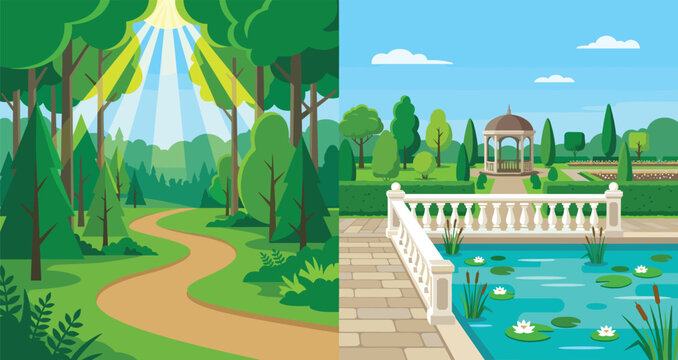 Beautiful split landscape, wild sunny green forest nature trail, beside a landscaped formal park garden, peaceful pond, and elegant gazebo.