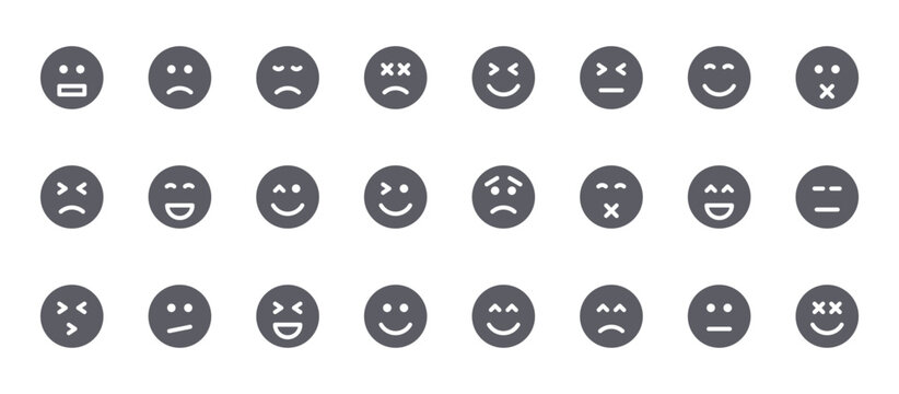 24 filled Emoticon web icons such as confused, smile, laugh, laugh, smile. Solid vector glyphs for report, presentation, web design and mobile app