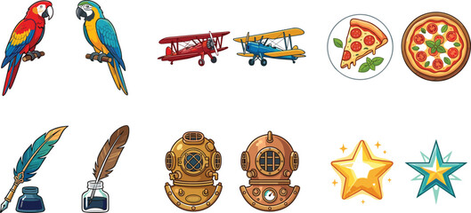 Colorful Vector Icon Set Featuring Macaw Parrots, Retro Biplanes, Pepperoni Pizza, Quill Ink Pens, Vintage Diving Helmets, and Shiny Stars Isolated on White Background © MdMahedy