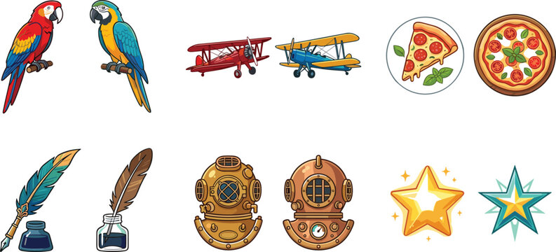 Colorful Vector Icon Set Featuring Macaw Parrots, Retro Biplanes, Pepperoni Pizza, Quill Ink Pens, Vintage Diving Helmets, and Shiny Stars Isolated on White Background