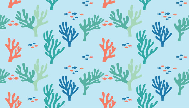 Colorful seamless pattern featuring different kinds of sea corals and schools of tiny fish swimming in blue ocean water.