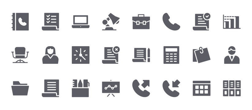 24 filled Business and Office web icons such as calendar, analysis, note, secretary, briefcase. Solid vector glyphs for report, presentation, web design and mobile app