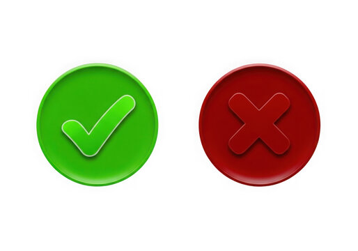 Two circular buttons with checkmarks in green and red colors isolated on transparent background