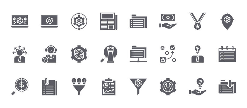 24 filled Business Marketing web icons such as solution, business report, innovation, front desk, folder. Solid vector glyphs for report, presentation, web design and mobile app
