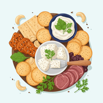 Vector flat lay illustration of a vegan charcuterie board with assorted crackers, tofu cheese, dairy-free dip, plant-based salami, cashews, and herbs on a circular platter.