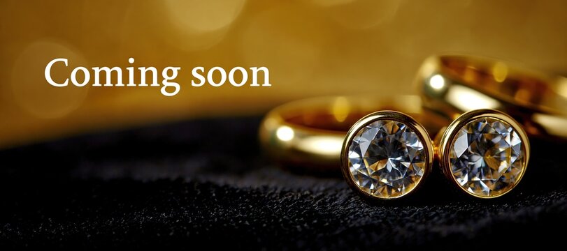 Luxury jewelry teaser banner with Coming soon text and gold rings with diamonds