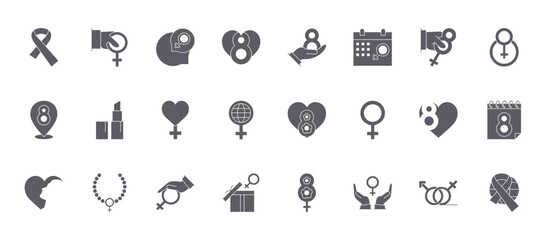 Fototapeta premium 24 filled Womens Day web icons such as gender, gift box, womens day, lipstick, womens day. Solid vector glyphs for report, presentation, web design and mobile app