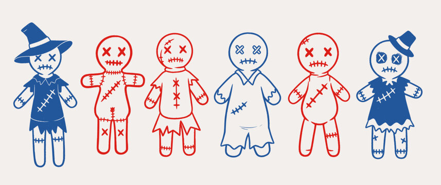 A collection of grunge-style vector illustrations depicting spooky voodoo dolls and scarecrow characters with stitched eyes and mouths, perfect for Halloween designs