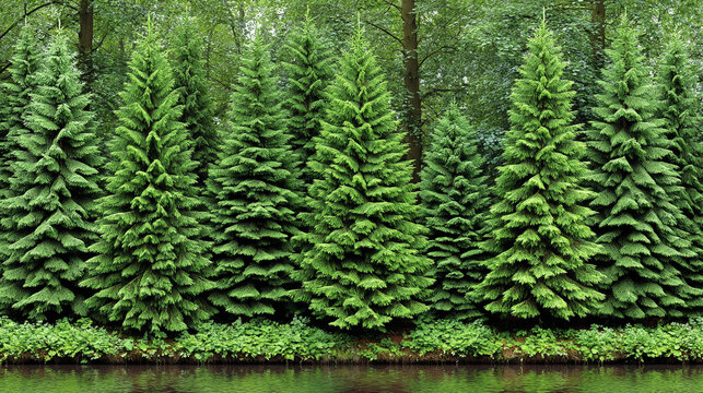 Row of lush evergreen spruce trees along riverside forest edge with evergreen, coniferous