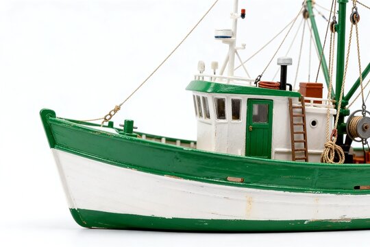 Green and white model fishing boat