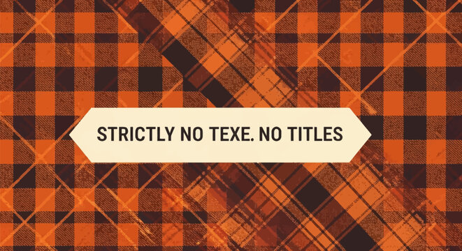 Orange and black buffalo plaid pattern background featuring a diagonal fabric texture overlay and a central horizontal white banner for text space, lumberjack style textile design.