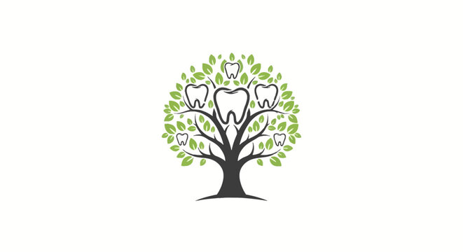 Minimalist vector illustration of a dental tree logo featuring a dark trunk with green leaves and white molar tooth icons integrated into the branches on a white background.