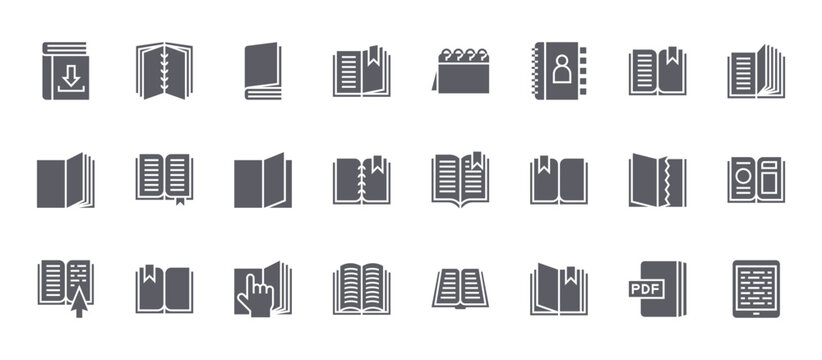 24 filled Book and Document web icons such as pdf file, open book, torn page, open book, calendar. Solid vector glyphs for report, presentation, web design and mobile app