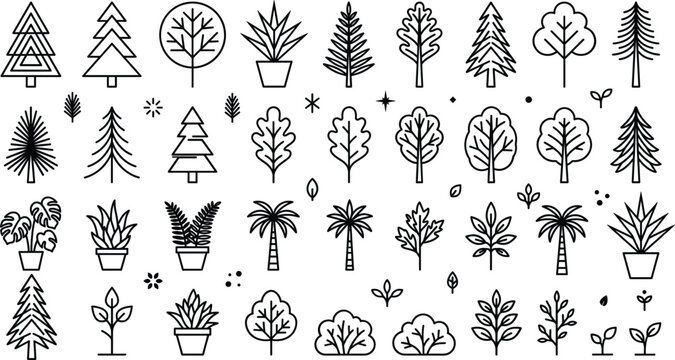 Tree and plant vector icon set line art nature forest pine palm potted plants elements isolated on white background