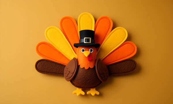 Cute Felt Thanksgiving Turkey Craft Wearing a Pilgrim Hat on a Golden Background