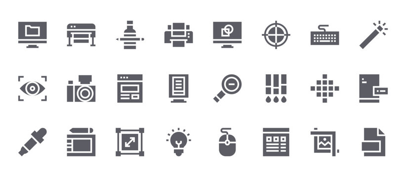 24 filled Graphic Design web icons such as crop, idea, pixel, photo camera, graphic de. Solid vector glyphs for report, presentation, web design and mobile app