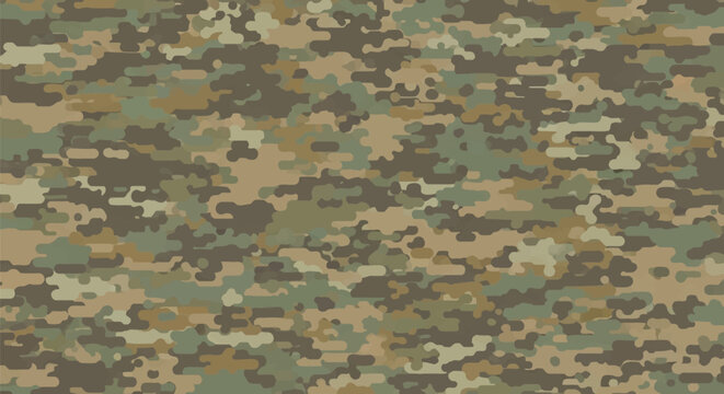 Seamless military camouflage pattern featuring rounded organic shapes in a palette of olive green, khaki, tan, and dark brown, suitable for tactical concealment and army backgrounds.