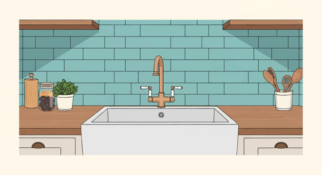 Vector illustration of a modern kitchen interior featuring a white farmhouse sink, copper bridge faucet, wooden countertop, teal subway tile backsplash, and wooden floating shelves.