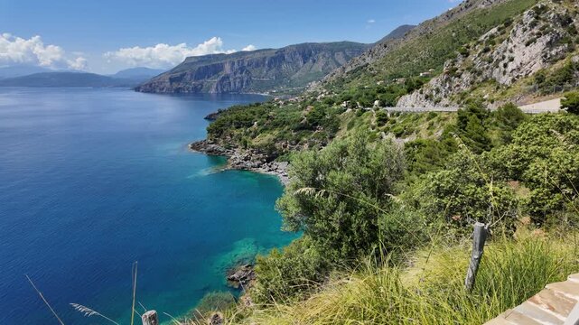 Scenic panoramic coastal view near Maratea, in the Basilicata region of Italy.