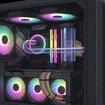 Detailed digital illustration of a custom gaming PC interior with a liquid cooling loop, featuring hard tubing, a reservoir, RGB RAM modules, multi-color LED fans, and sleeved cables.
