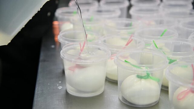 Burrata cheese production process with water pouring into plastic containers