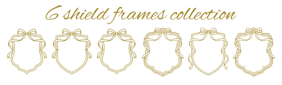 Shield frames collection featuring golden elegant borders with decorative ribbon bows