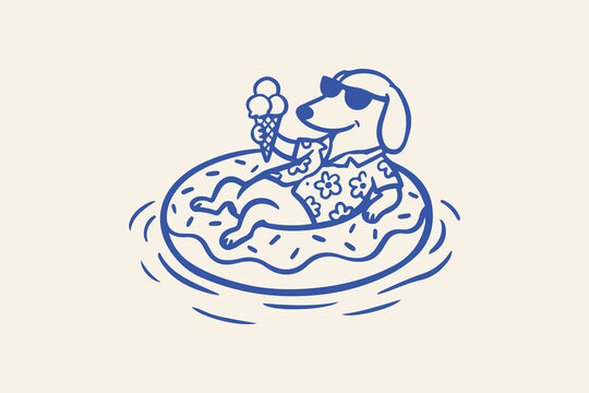 Cute cartoon dog wearing sunglasses and shirt eating ice cream while relaxing on a donut pool float in the water Vector
