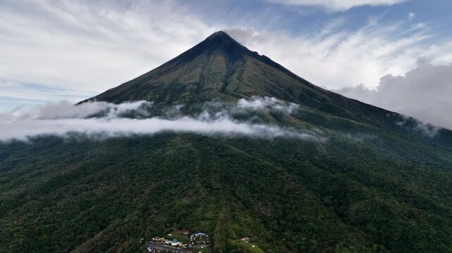 High altitude establishing aerial shot of Mayon Skyline Park, Philippines