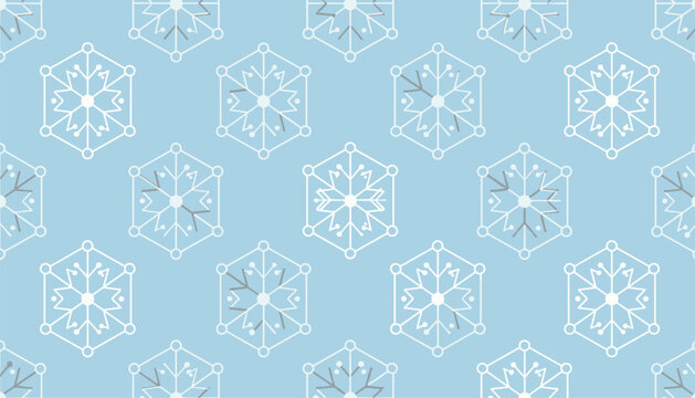 Seamless winter pattern with abstract geometric white and grey snowflakes of different shapes on a light blue background.