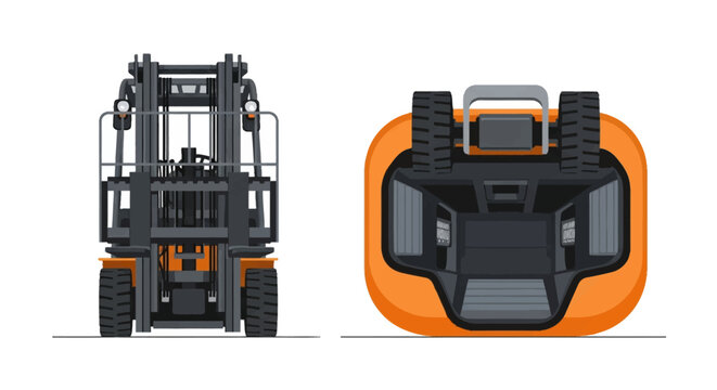 Orange electric forklift vector illustration showing front view and top-down plan view. Industrial warehouse machinery with detailed mast, forks, and tires on a white background.