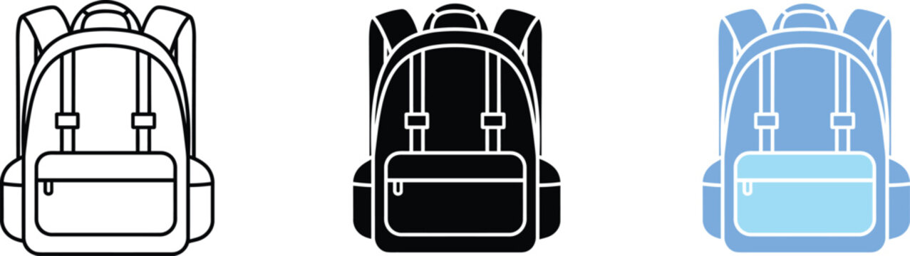 Backpack icon set line art solid black and blue filled versions for ui ux design