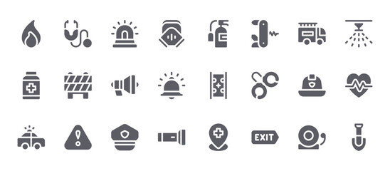 24 filled Emergencies web icons such as alarm bell, flashlight, firefighter helmet, barrier, fire extinguisher. Solid vector glyphs for report, presentation, web design and mobile app © William