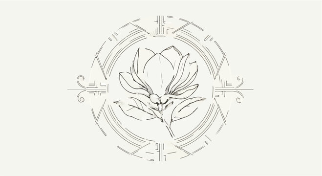 Flower blossom rests inside a circular geometric frame with intricate technical details.