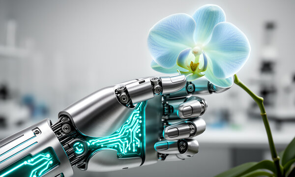 A high-tech robotic hand gently touching a delicate blue orchid in a laboratory setting