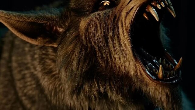Close up of a fearsome werewolf with glowing eyes snarling and growling aggressively at night, showing its sharp fangs and powerful jaws in a display of pure primal rage and fury