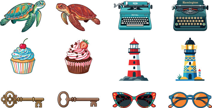 Versatile Vector Icon Set Featuring Sea Turtles, Retro Typewriters, Sweet Cupcakes, Lighthouses, Antique Keys, and Sunglasses Isolated on a White Background