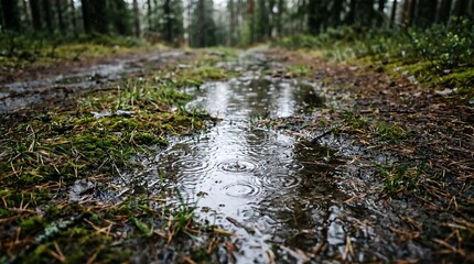 Fototapeta premium Raindrops create ripples in a muddy forest puddle along a damp woodland trail.