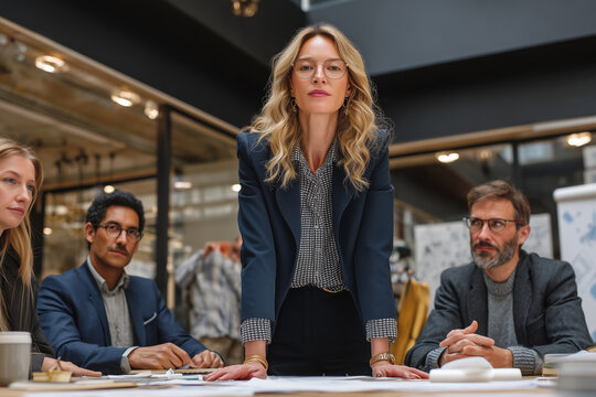 Confident Leader at Work: A commanding female executive, surrounded by her attentive team, exudes authority and determination in a modern office setting, ready to take charge.