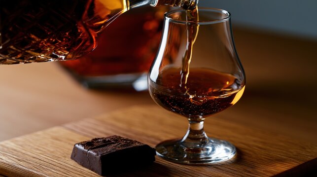 Deep amber cognac into crystal snifter, dark chocolate on wooden platform, warm ambient light showcasing luxury