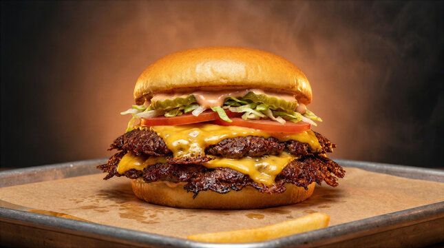 Cheesy double smash burger with dripping cheese on metal tray