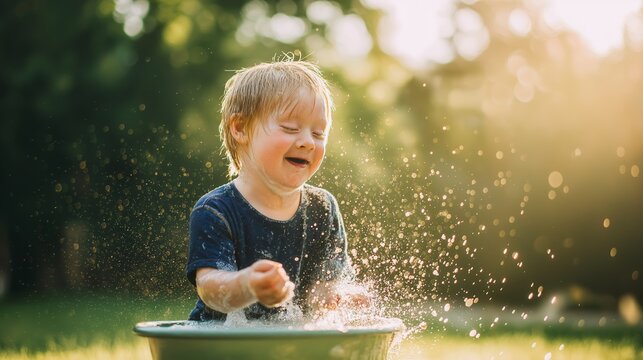 Joyful young girl frolicking in a basin of water outdoors. Delighted child relishing a cool summer pastime and carefree youth