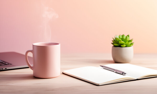Steaming cup of coffee on a modern minimalist desk workspace with notebook and laptop