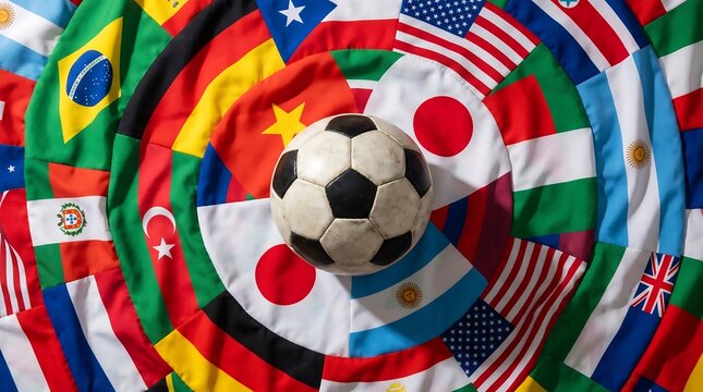A classic soccer ball resting on a circular arrangement of international world flags.
