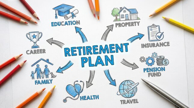 Hand-drawn retirement plan mind map with various financial and life elements on paper with pencils.