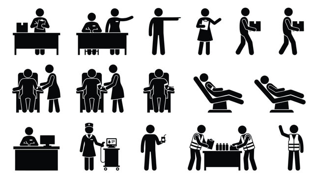 Healthcare facility management icons showing medical reception storage and blood collection process.